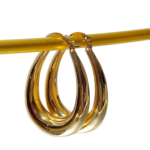 Oval Hoop Earrings, Chunky Gold Hoop Earrings, Gold Plated Oval Hoop Earrings, Geometric Gold Oval Earring, Vintage Style Hoop Earrings