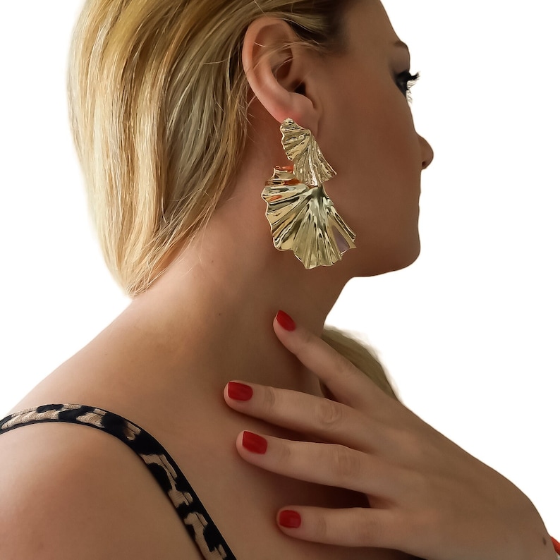 Ginkgo Biloba Leaf Brass Earrings, Large Gold Plated Earrings, Big Flower Dangle Earrings, Statement Earrings, Trendy Earring, Party Earring image 6