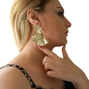 Ginkgo Biloba Leaf Brass Earrings, Large Gold Plated Earrings, Big Flower Dangle Earrings, Statement Earrings, Trendy Earring, Party Earring image 5