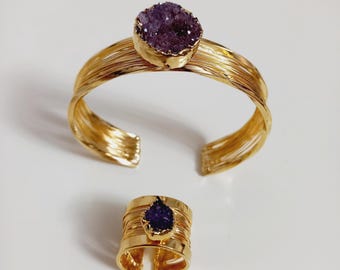 Amethyst Armreif Set: Vergoldeter Messing Armreif, Naturstein Schmuck