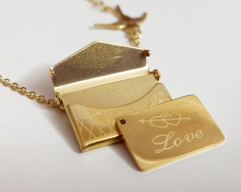 Love Letter Envelope Locket Necklace with Bird, Hidden Message Necklace, Couples Necklace, Pendant that Opens, Mothers Day Gift