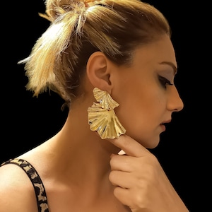 Ginkgo Biloba Leaf Brass Earrings, Large Gold Plated Earrings, Big Flower Dangle Earrings, Statement Earrings, Trendy Earring, Party Earring image 2