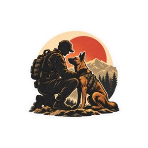 May include: A sticker illustration featuring a silhouette of a person wearing a backpack and cap, kneeling beside a German Shepherd dog wearing a tactical harness. The background shows a large red sun, mountain peaks, and a forest of pine trees.