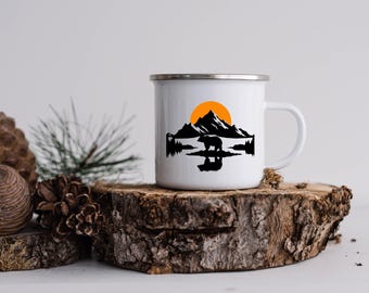 Enamel Bear Mug: Wilderness Mountain Landscape, Camping Gift