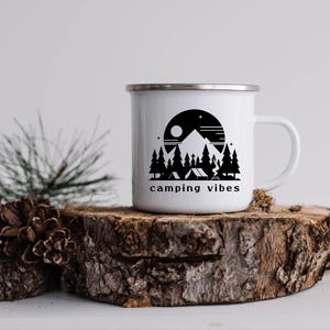 Camping Vibe Emaillebecher, Bergcampingplatzbecher, Outdoor Adventure Cup, Lagerfeuerkaffeebecher, Wildnis-Wanderbecher