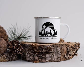 Camping Enamel Mug: Mountain Campsite Coffee Cup, Outdoor Adventure