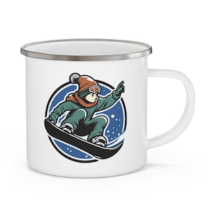 Snowboarder Enamel Mug, Winter Sports Camp Cup, Outdoor Adventure Coffee Mug, Mountain Lover Gift, Skiing Travel Mug