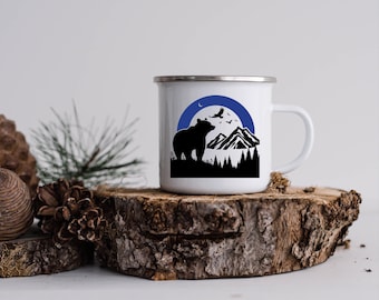Bear Enamel Mug: Wilderness Mountain Landscape, Camping Gift