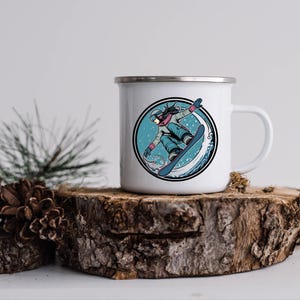 Snowboarder Enamel Mug, Outdoor Adventure Camping Cup, Travel Coffee Tea Gift, Winter Sports Camper Drinkware, Mountain Snowboarding Mug