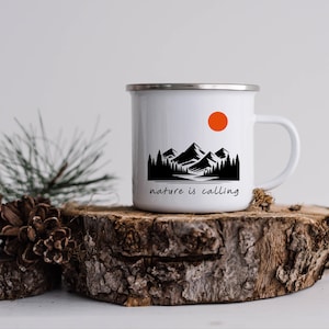 Nature is Calling, Mountain Range, Enamel Mug, Nature Lover Gift, Adventure Mug, Outdoor Mug, Forest Camping Cup, Traveler Mug