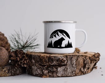 Bear Enamel Mug: Wilderness Mountain Landscape, Camping Gift