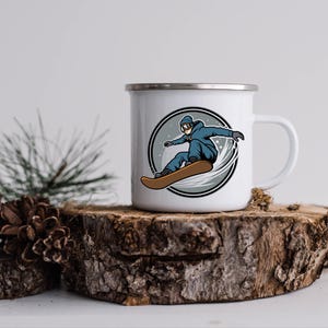Snowboarder Enamel Mug, Winter Sports Camp Cup, Outdoor Adventure Coffee Mug, Mountain Lover Gift, Skiing Travel Mug