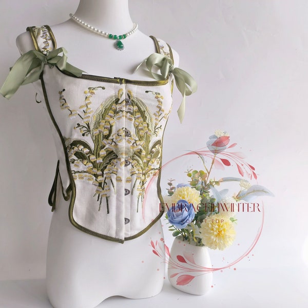 Lily of the Valley Corset Top, Renaissance Corset Top, Victorian Fairy Corset Bodice, Green Ren Faire Floral Embroidered Overbust Corset