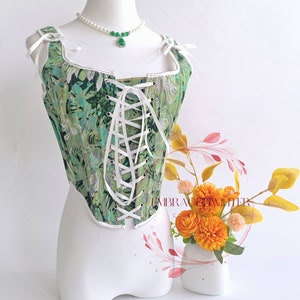 Green Renaissance Corset Top, Embroidered Floral Corset Top, Victorian Overbust Bustier Corset, Fairy Ren Faire Front Lacing Corset Top