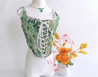 Green Renaissance Corset Top, Embroidered Floral Corset Top, Victorian Overbust Bustier Corset, Fairy Ren Faire Front Lacing Corset Top