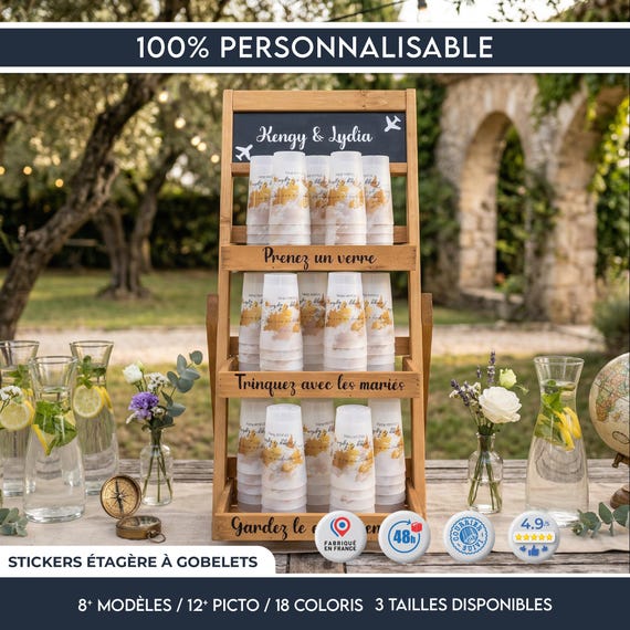 Sticker étagère gobelets mariage | Custom Wedding Bar Decal | Vinyle personnalisé bohème champêtre – Fait main France