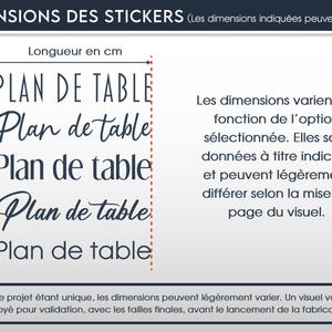 May include: Image with the text "DIMENSIONS DES STICKERS" and "PLAN DE TABLE" in various fonts. The text is in dark blue on a white background. The image also includes text in French explaining the dimensions.