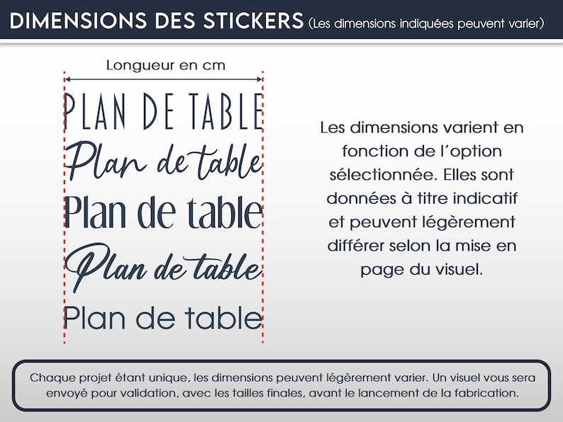May include: Image with the text "DIMENSIONS DES STICKERS" and "PLAN DE TABLE" in various fonts. The text is in dark blue on a white background. The image also includes text in French explaining the dimensions.