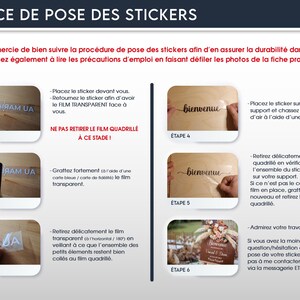 May include: Instructions for applying stickers, with step-by-step images. The guide includes text in French, showing how to prepare and apply the sticker to a surface. The steps include preparing the sticker, applying it, and removing the backing.
