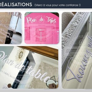 May include: A collage of custom wedding signage. The images include table seating charts and decorative mirrors with elegant calligraphy. The color palette includes gold, pink, and neutral tones, with French text.