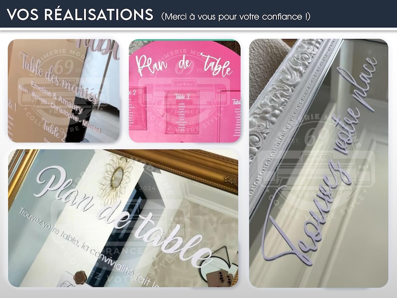 May include: A collage of custom wedding signage. The images include table seating charts and decorative mirrors with elegant calligraphy. The color palette includes gold, pink, and neutral tones, with French text.