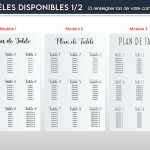 May include: Three table seating chart templates labeled Model 1, Model 2, and Model 3. Each template has a heading that says "Plan de Table" or "PLAN DE TABLE". Each template has nine tables with space for names.