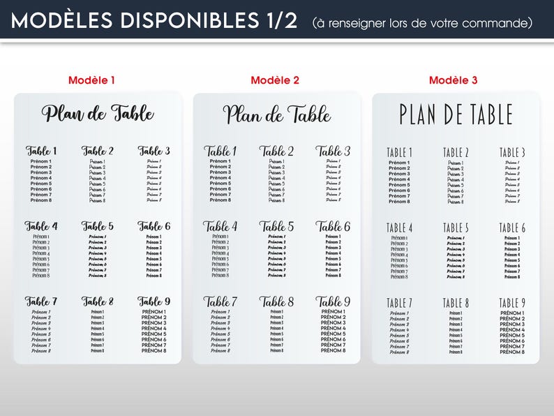 May include: Three table seating chart templates labeled Model 1, Model 2, and Model 3. Each template has a heading that says "Plan de Table" or "PLAN DE TABLE". Each template has nine tables with space for names.