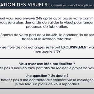 May include: A white graphic with French text on a blue background. The text discusses visual validation, order processing, and communication via Etsy messaging. It also encourages customers to share ideas and ask questions.