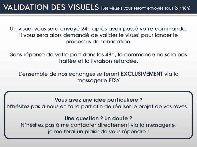 May include: A white graphic with French text on a blue background. The text discusses visual validation, order processing, and communication via Etsy messaging. It also encourages customers to share ideas and ask questions.