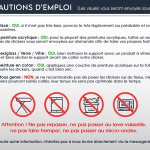 May include: Informational graphic with text in French, titled "PR&Eacute;CAUTIONS D'EMPLOI". It provides instructions for applying stickers to various surfaces, including wood, acrylic paint, glass, and cotton canvas. The image also features prohibition symbols.