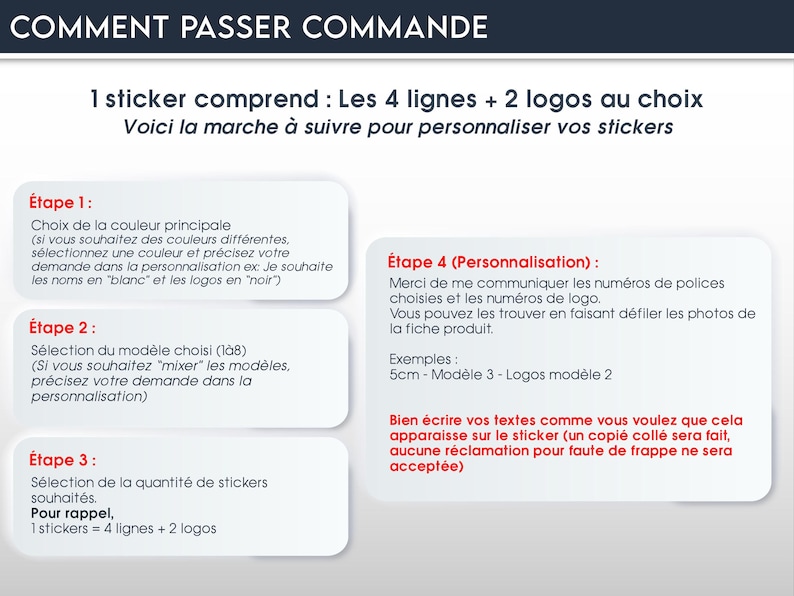 May include: A graphic with instructions on how to order custom stickers. The steps include choosing colors, selecting a model, choosing the quantity, and personalization details. Text in French.