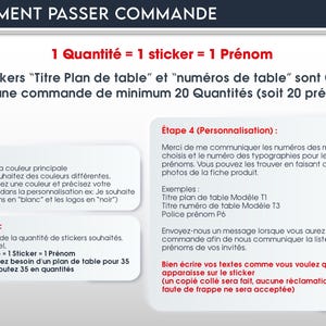 May include: A white background with text in French detailing how to order stickers. The text explains that one quantity equals one sticker and one name. Instructions are provided for personalization, including choosing colors and quantities. The text also mentions table plan titles and table numbers.