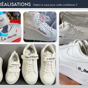 May include: Collection of white sneakers with custom text. One pair says "Just married" and "La mari&eacute;e". Another pair says "Call me Madame". Other pairs say "Papa et Maman" and "se marient". One pair has the Instagram handle "@_ilmerzi".