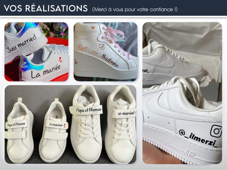 May include: Collection of white sneakers with custom text. One pair says "Just married" and "La mari&eacute;e". Another pair says "Call me Madame". Other pairs say "Papa et Maman" and "se marient". One pair has the Instagram handle "@_ilmerzi".