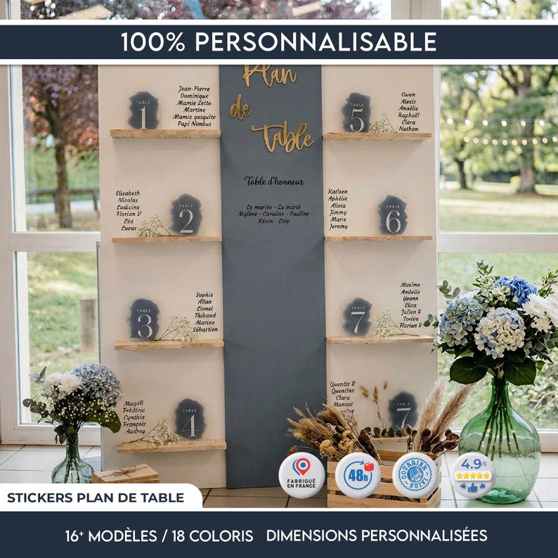 May include: A custom wedding seating chart with wooden shelves and acrylic table number cards. The chart features names, table numbers, and the text "Plan de Table". The text "100% PERSONNALISABLE" is at the top.