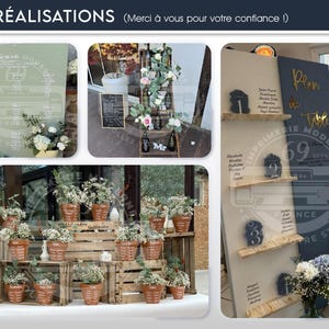 May include: A display of wedding decor elements. Features include floral arrangements in terracotta pots, wooden crates, and a seating chart with guest names. The text "VOS R&Eacute;ALISATIONS" is visible.