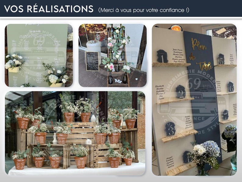 May include: A display of wedding decor elements. Features include floral arrangements in terracotta pots, wooden crates, and a seating chart with guest names. The text "VOS R&Eacute;ALISATIONS" is visible.
