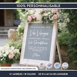 Peut inclure: Panneau de mariage en bois blanc avec l'inscription "Nous Voulons Voir Vos Visages Pas Vos Smartphones". Décoré de fleurs roses et blanches. Longueur de 15 à 60 cm.