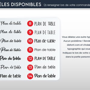 May include: A white background displays a selection of table plan designs, each numbered and labeled. The text "MOD&Egrave;LES DISPONIBLES" is at the top. Additional text suggests choosing a font from dafont.com and specifying it during the order.