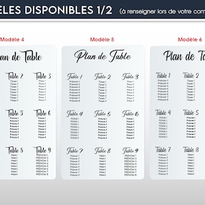 May include: A graphic design featuring three wedding seating chart templates, each with nine tables. The text includes "Plan de Table" and table numbers. The design is in black and white.