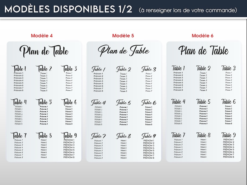 May include: A graphic design featuring three wedding seating chart templates, each with nine tables. The text includes "Plan de Table" and table numbers. The design is in black and white.