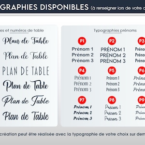 May include: Image showcasing various font styles for table titles and names. The left side displays table title options labeled T1 through T6, each with a different font. The right side presents name font options, labeled P1 through P9, with examples of how names would appear.