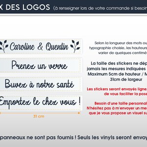 May include: Image features four rectangular stickers with text in French. The top sticker reads "Caroline & Quentin", followed by "Prenez un verre", "Buvez &agrave; notre sant&eacute;", and "Emportez le chez vous!". Each sticker is 5 cm high and the longest is 31 cm wide.