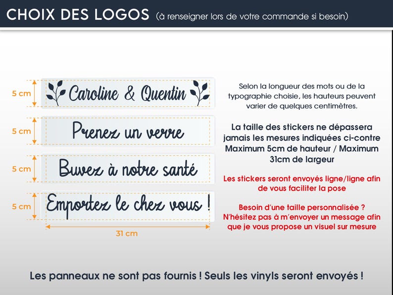 May include: Image features four rectangular stickers with text in French. The top sticker reads "Caroline & Quentin", followed by "Prenez un verre", "Buvez &agrave; notre sant&eacute;", and "Emportez le chez vous!". Each sticker is 5 cm high and the longest is 31 cm wide.