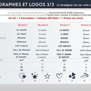 May include: A graphic with text in French, detailing options for shoe customization. Includes inscription options like "Just Married" and "Madame", initials, dates, and heart, star, and other symbol choices.