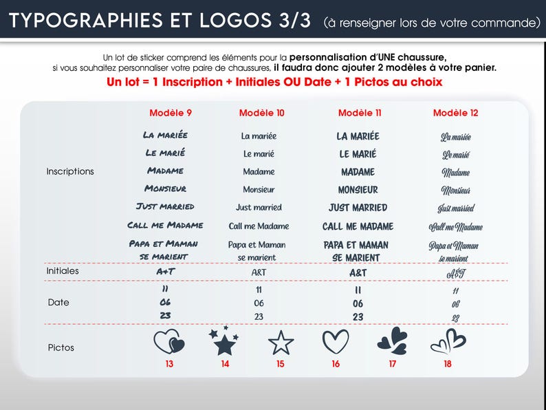 May include: A graphic with text in French, detailing options for shoe customization. Includes inscription options like "Just Married" and "Madame", initials, dates, and heart, star, and other symbol choices.