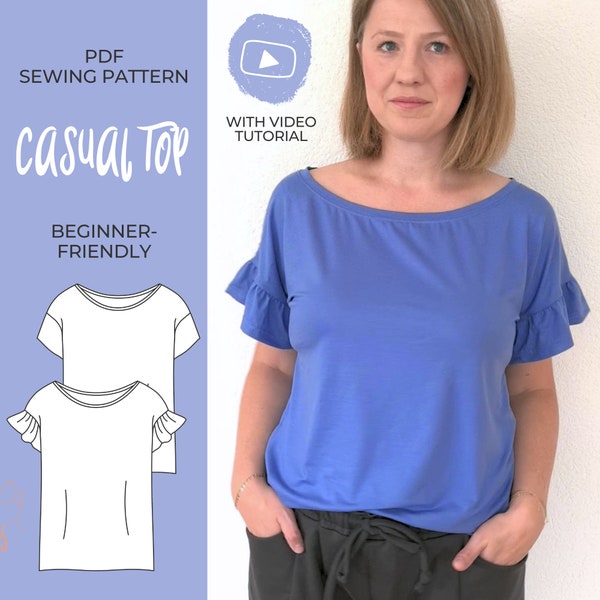 Schnittmuster für süßes T-Shirt mit Rüschenärmeln, einfaches Rüschen Top mit Video Nähanleitung, PDF Schnittmuster für Anfänger, XS bis XL