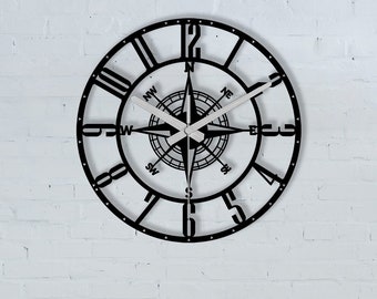Large Latin Numeral Compass Wall Clock -  Oversized, Modern Silent Design, Unique Compass Wall Clock, Valentines Day Gift