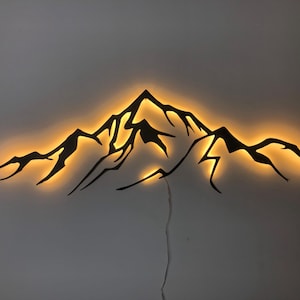 Op de afbeelding: Een zwart metalen silhouet van een bergketen met een warme gele gloed erachter. Het silhouet is gemonteerd op een witte muur.