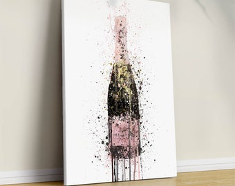 Champagne Bottle Watercolor Canvas Print: Handmade Wall Art